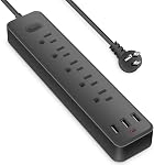 Bande de puissance du protecteur de surpression - 10 FT Cord à longue extension avec 5 Largement AC Sorties 3 USB Ports,Protection de l'éclairage,Flat Plug avec protection contre les surcharges pour la maison, bureau, Dorm Essentials (Noir)