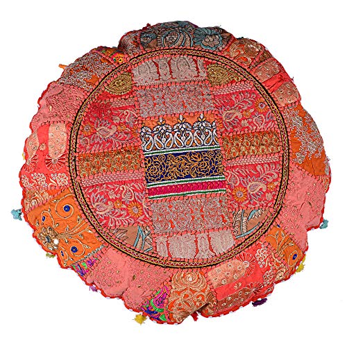 Flyingasedgle Rajasthani Handmade 32" Round Colorful Decorative Floor Pillow Cover Meditation Patchwork Patchwork Cushion Seating Accent Boho Chic Indian Handmade Cover Only(32" Orange) #TOP2