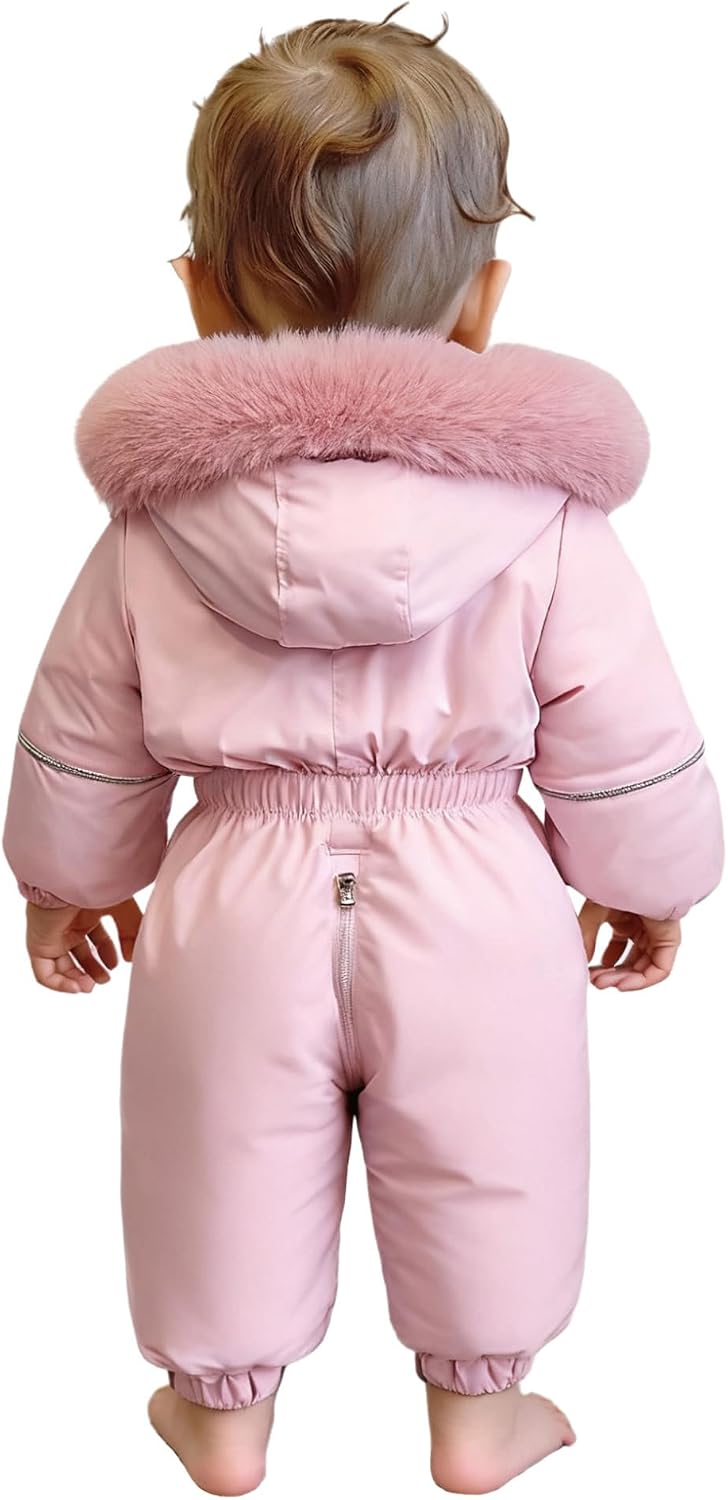 Hansber Baby Boys Girls Ski Jumpsuit Water Resistant Faux Fur Hooded One-Piece Snowsuit Skisuit Winter Clothes Pink 12-18 Months