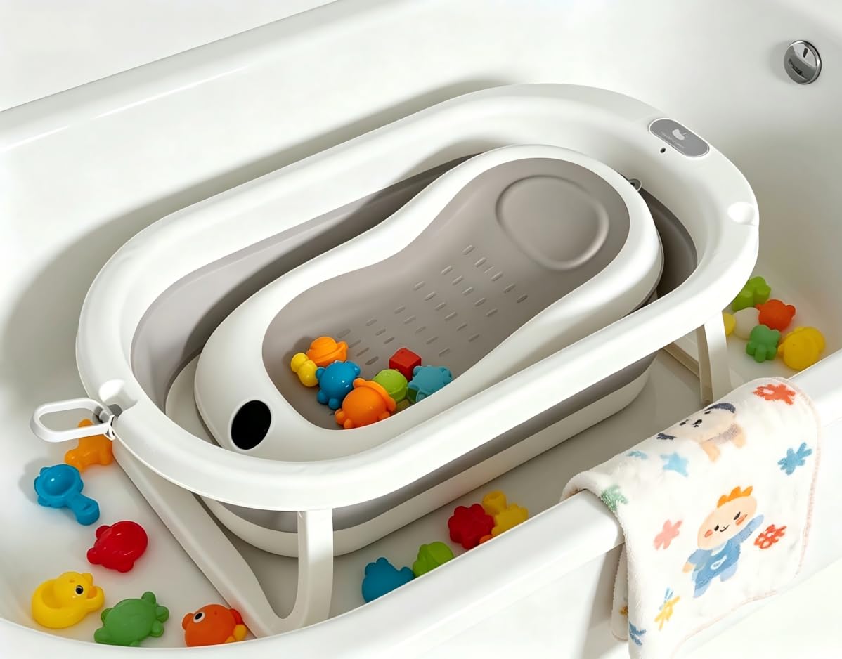Bañera plegable para bebé con termómetro impermeable integrado, marco reforzado estable sin tambaleo, drenaje rápido, soporte de base aislante, bañera redonda ergonómica para bebé