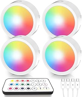 PRINCEWAY Rechargeable LED Under Cabinet Lights, 4 Pack Dimmable Puck Lights with Remote Control, 13 Colors RGBW Lighting, Magnetic Wireless Stick On Under Counter Lights for Kitchen Bedroom