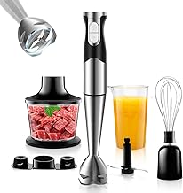 6 in 1 Hand Blender, 1200 Watt Multifunctional Blender Chopper in 304 Stainless Steel, Immersion Blender with Turbo Non-slip Grip, Adjustable Speed, Chopper
