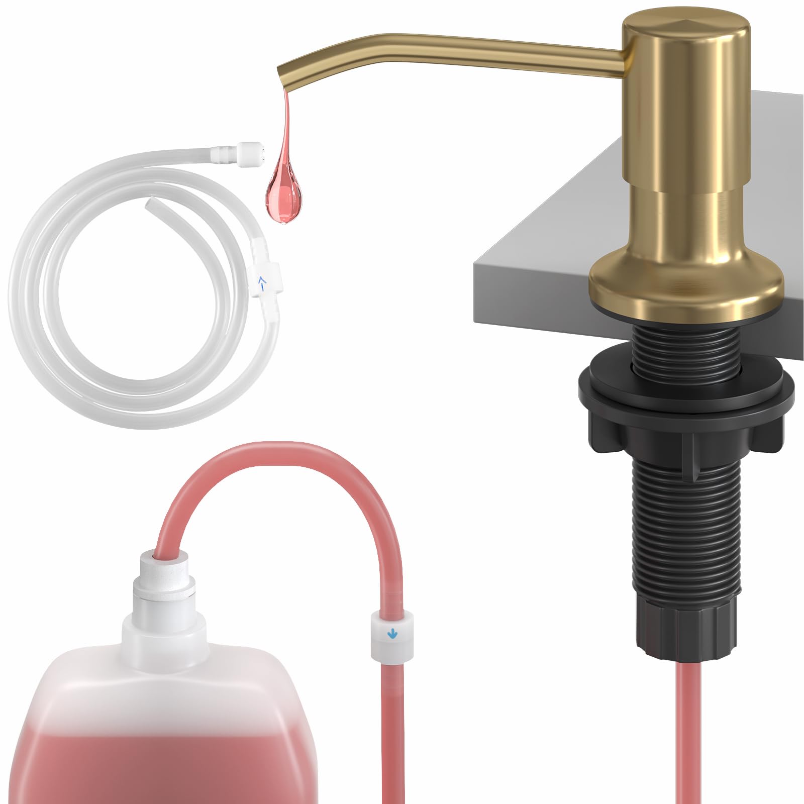 Sink Soap Dispenser, OHiHi Kitchen Sink Soap Dispenser with 47" Extension Tube, Wide Pump Head Base, No Water Leaking, No Need to Fill The Little Bottle Again, Gold