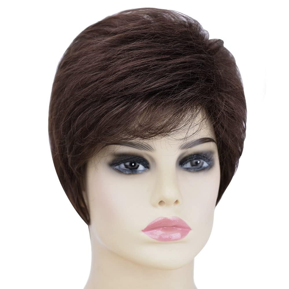 DAZZ LOOK Pixie Cut Hair Wigs Synthetic Hair Wig with Bangs Natural Short Brown Wig Layered Wavy Different Style Short Wigs for Women (1B#)-image-43