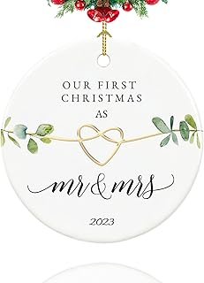 First Christmas Married Ornament 2023, Our First Christmas as Mr and Mrs Gifts, Just Married Gifts, 2.9" Ceramic Newlyweds Christmas Ornament 2023