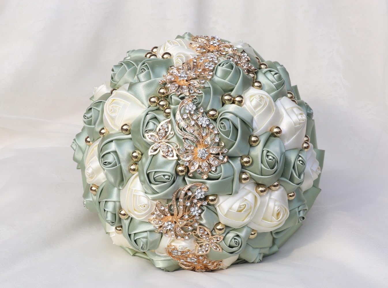 Handmade Wedding Bouquet with Golden Rhinestone Brooch Pearl Bridal Bouquet for Bride Bridesmaid Quinceanera Satin Rose Flower Bouquet Wedding Sage Green and Ivory 7.1in