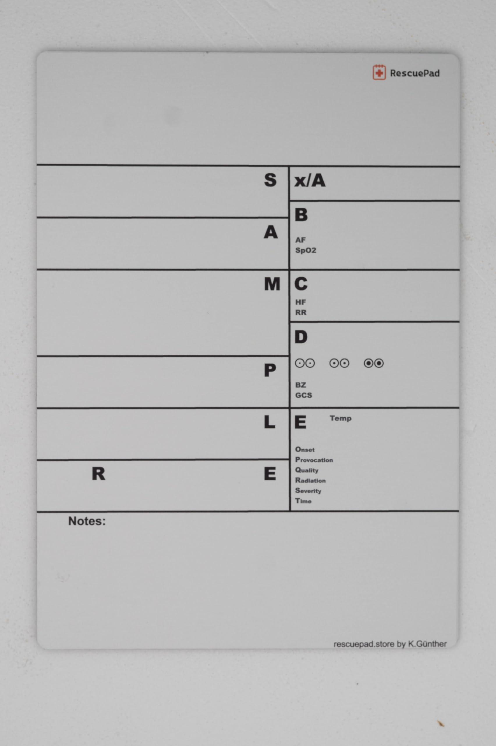 Marker Notepad für medizinische Dokumentation mit Non-Permanent Markern, XABCDE/SAMPLER-Schema, Wasserfest