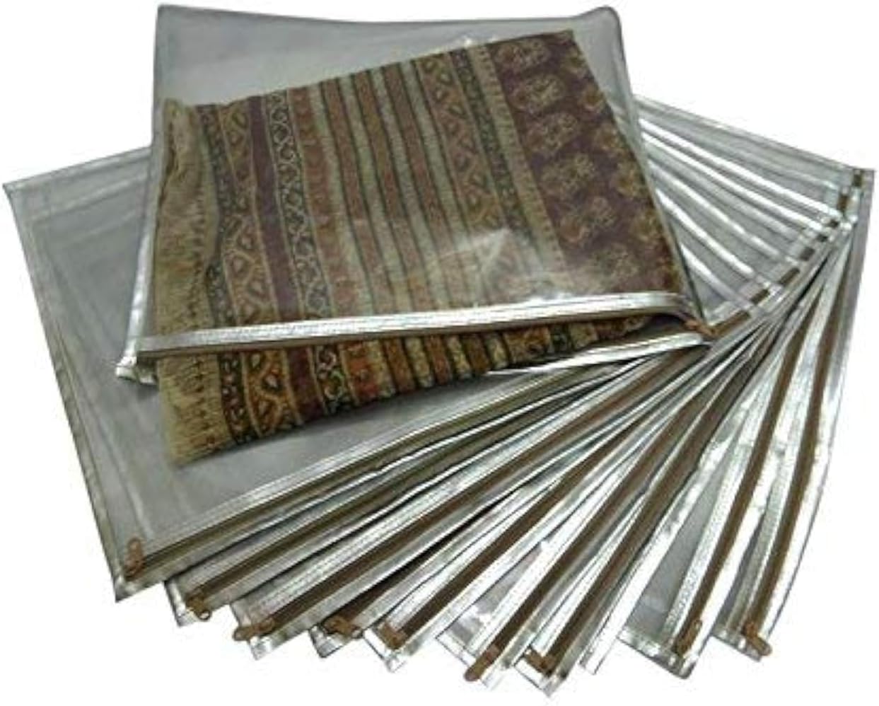 KANUSHI® Set of 10 Pc Transparent Saree Cover/Saree Bag/Storage Bag/Clothes Cover with Stainless Steel Zip Lock Combo (Silver)(Suitable for Single Saree Pack, Silver, Cloth & Plastic)