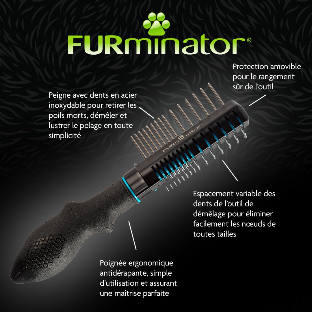 Peigne démêlant et de toilettage pour Chiens 2 en 1 FURminator – Idéal pour caniches et Doodles – Élimine en Douceur nœuds et bourres – Outil de toilettage pour Un brossage sans Stress