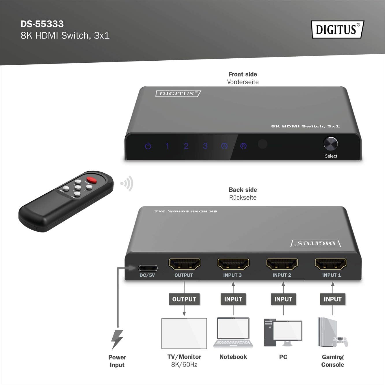 DIGITUS HDMI Switch 3x1 – 3 In 1 Out – UHD 8K 60 Hz – HDCP 2.3 & HDMI 2.1 | HDR, CEC, Deep Color, DTS, Dolby Digital, LPCM – Für TV, Monitor, Spielekonsolen