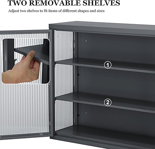 Miniatura 5 de Finca ancha Gabinete con puertas de vidrio, gabinete de boticario de baño con 2 puertas y estantes ajustables de 27.6 pulgadas para cocina de pared