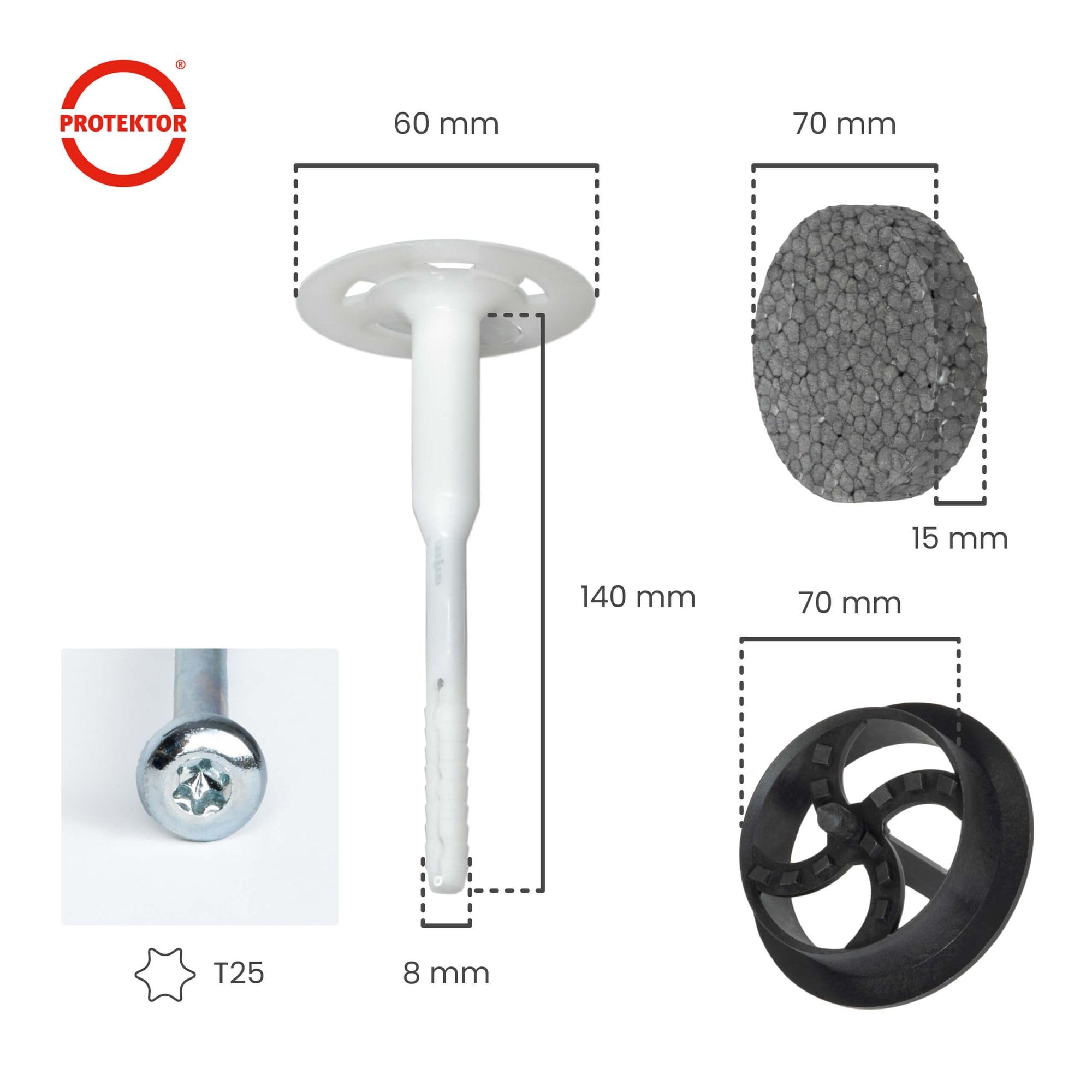 PROTEKTOR 200x Tassello vite isolamento, 200x rondelle+fresa Ø8 x 140mm | Tassello cappotto termico per isolamento facciata, per polistirolo e lana minerale, tassello a rosetta isolante