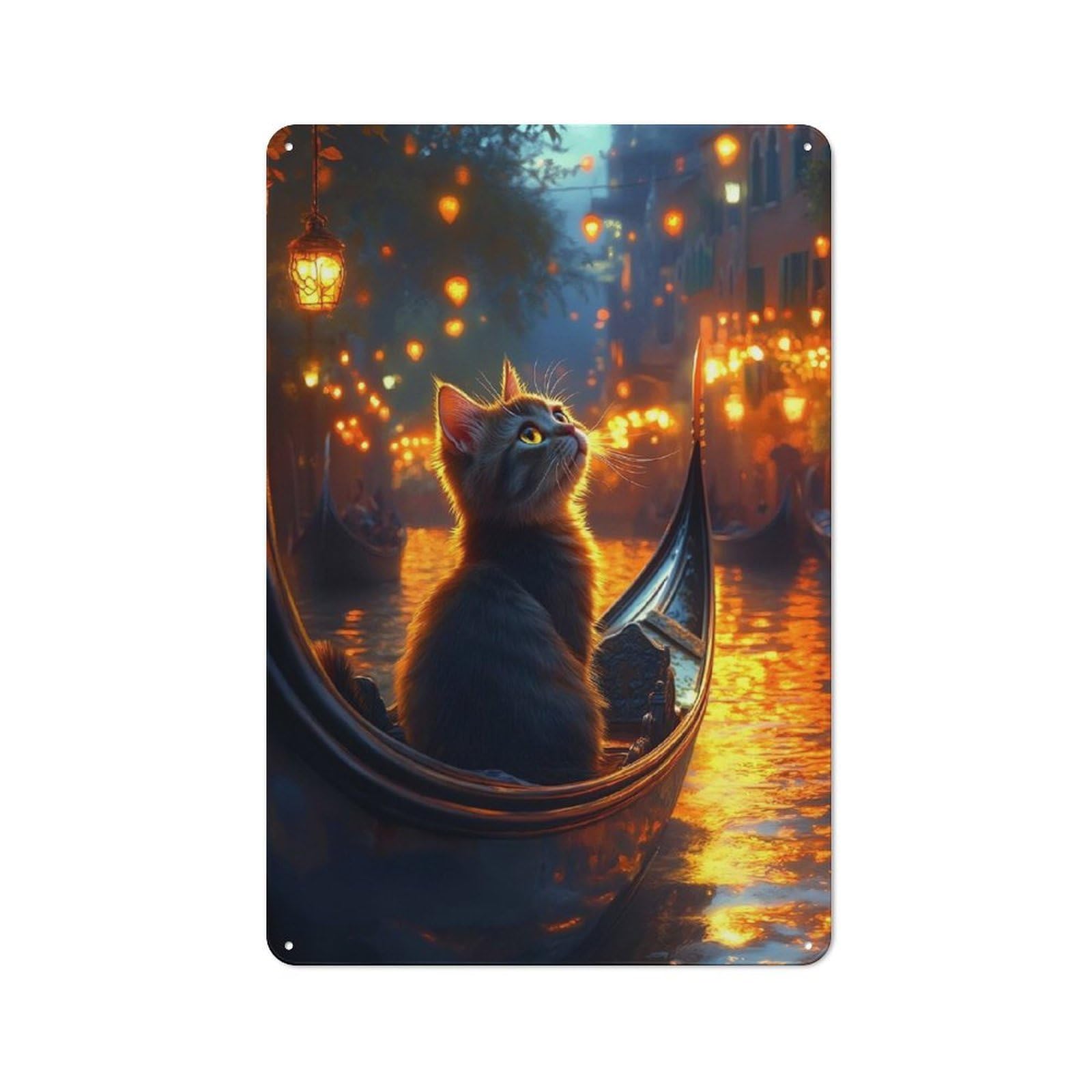 Junmoney Style-10 Classic Cat In Gondola, Venice At Night Metal Wall Plaque 30X20cm, Retro Room Decor For Bedroom, Office, Home Bar Or Dining Room