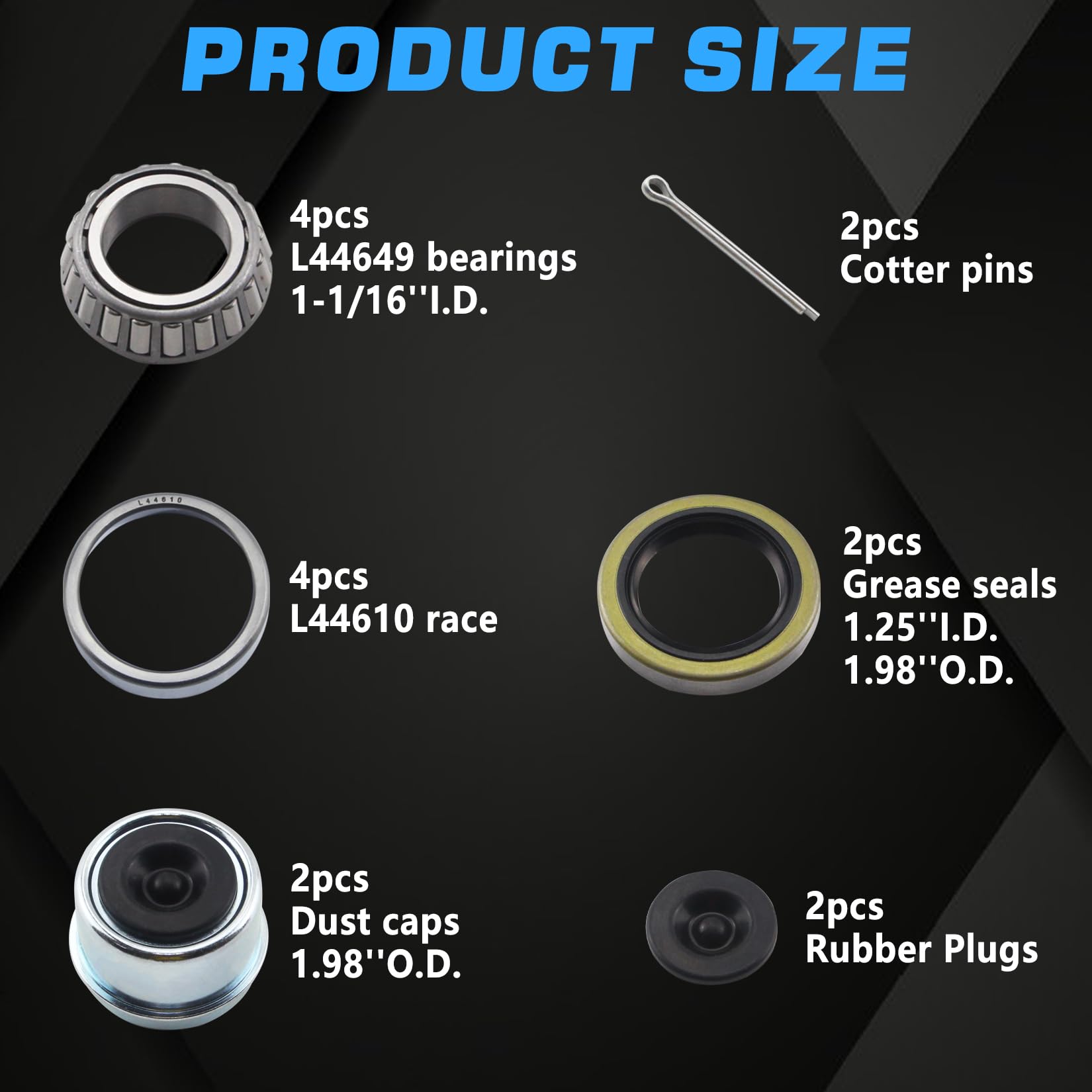 Lot de 2 roulements de moyeu de remorque L44649 L44610 pour essieu droit de 3,8 cm, kits de roulements de broche de remorque avec joints de graisse 12192TB, capuchons anti-poussière de 4,98