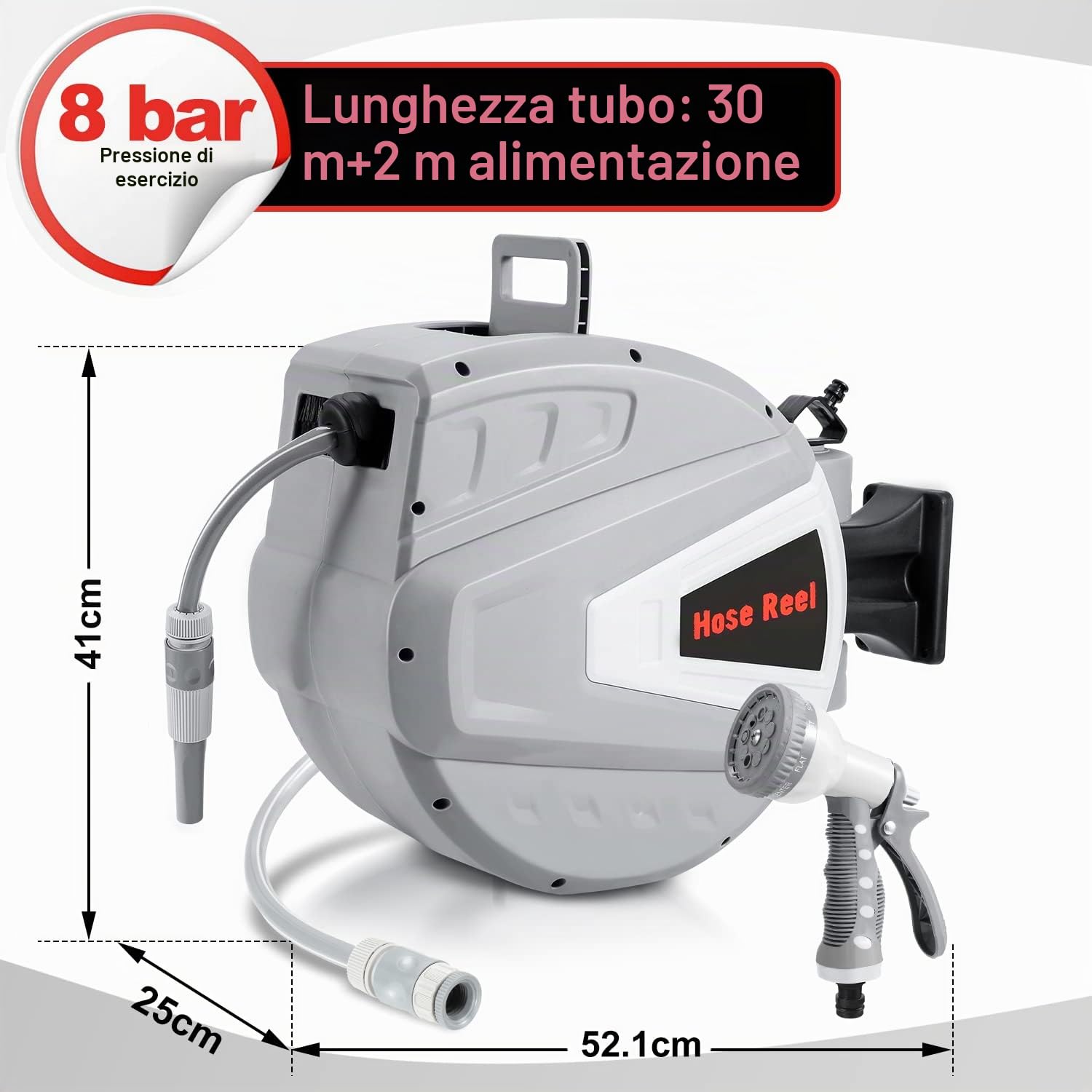 Avvolgitubo da 30 m, montaggio a parete, tubo da giardino con ritiro automatico, scatola tubolare girevole a 180 gradi, tamburo per irrigazione giardino (grigio)