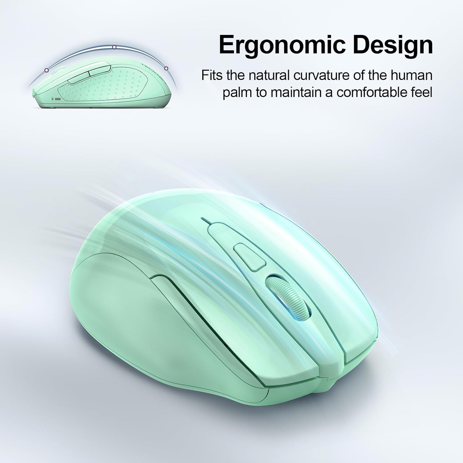 Diagram showing the working, standby, auto-sleep, and press to activate states of the TECKNET Wireless Mouse.