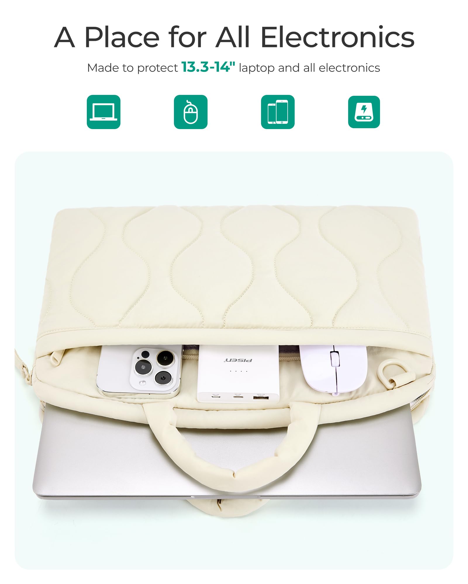 BAGSMART 13-14 Inch Laptop Case Sleeve, Protective Lightweight Puffy Laptop Bag with Strap for MacBook Air/Pro 13.3 Inch, Water Resistant Laptop Cover Compatible for Dell HP Asus, Beige