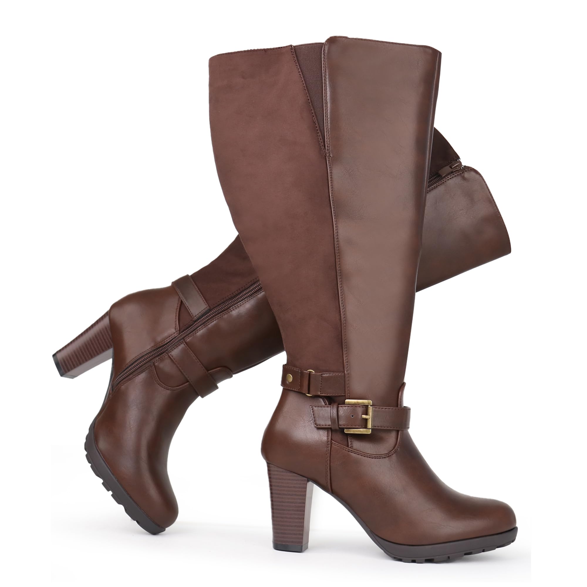 Women's Extra Wide Calf High Heel Dress Boots with Ankle Buckle