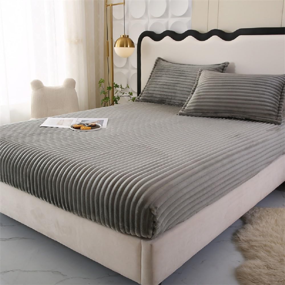 Lujosa sábana bajera de franela gris de 180 x 200 cm, ropa de cama de felpa suave para invierno, funda de colchón cálida y acogedora solución para dormir, se adapta a colchones de hasta 25 cm de