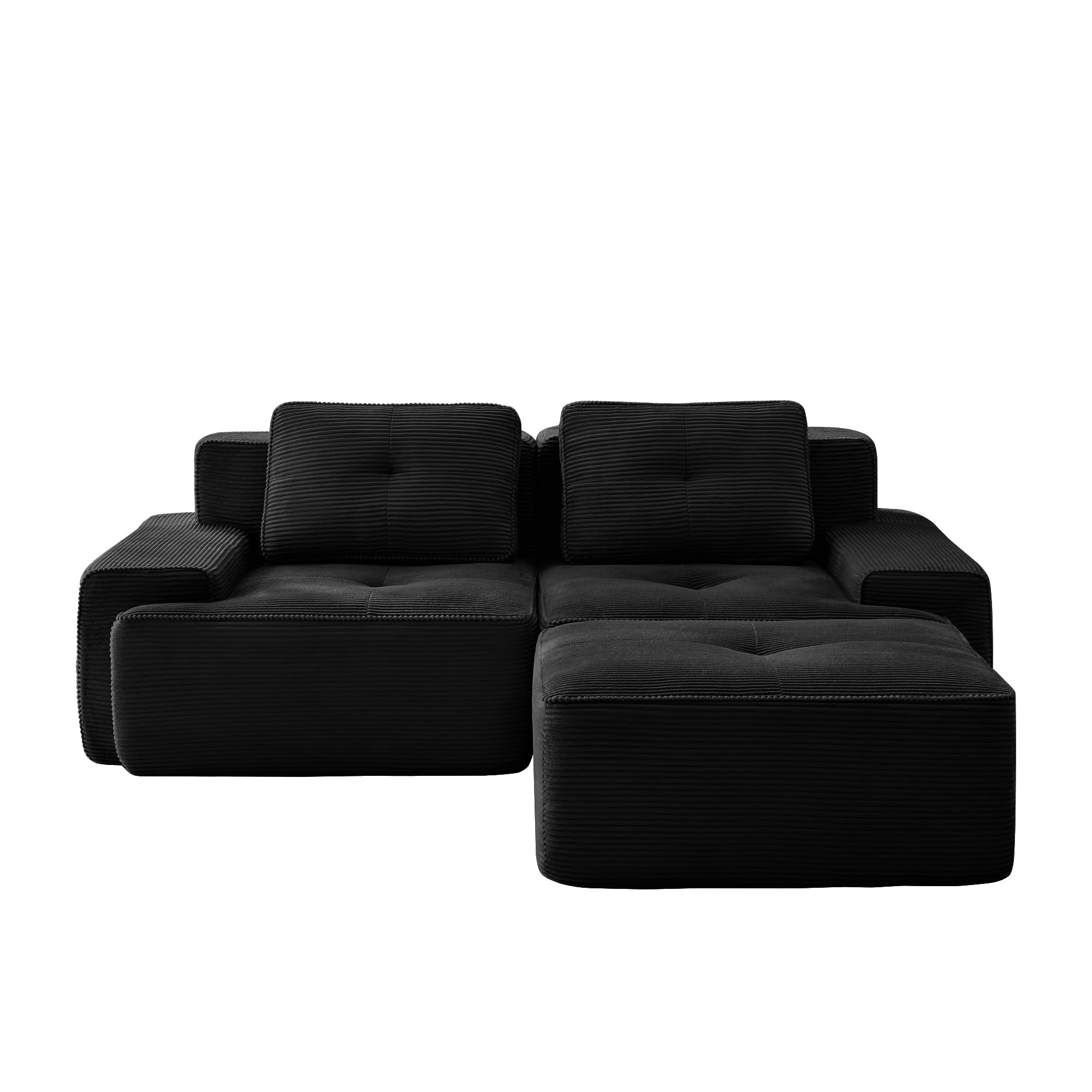 Divano modulare nero Boneless, moderno divano modulare a L per soggiorno, comodo divano in corduroy cloud con ottomano, divano letto a due posti trapuntato