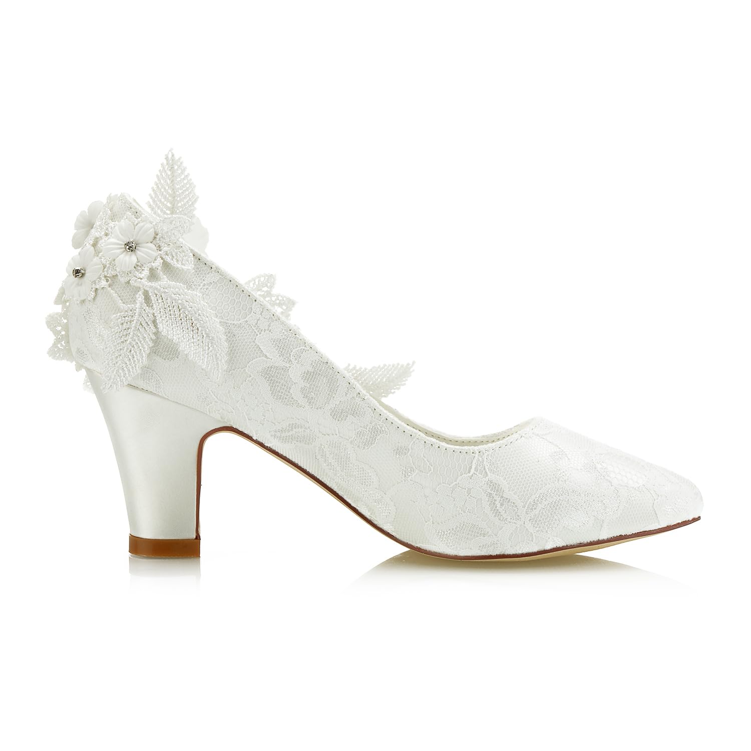JIAJIA 62311 Damen Brautschuhe Closed Toe 7cm Chunky Heel Spitze Satin Pumps Satin Blume Hochzeitsschuhe