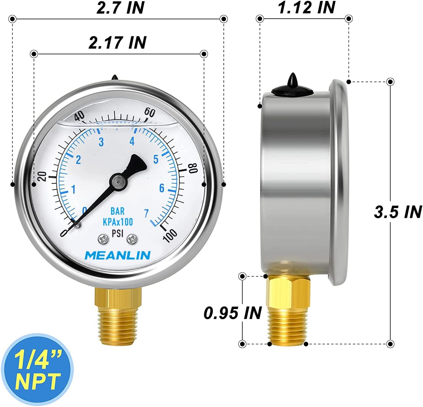 MEANLIN MEASURE 0~100Psi Stainless Steel 1/4" NPT 2.5" FACE DIAL Liquid Filled Pressure Gauge WOG Water Oil Gas Lower Mount : Industrial & Scientific