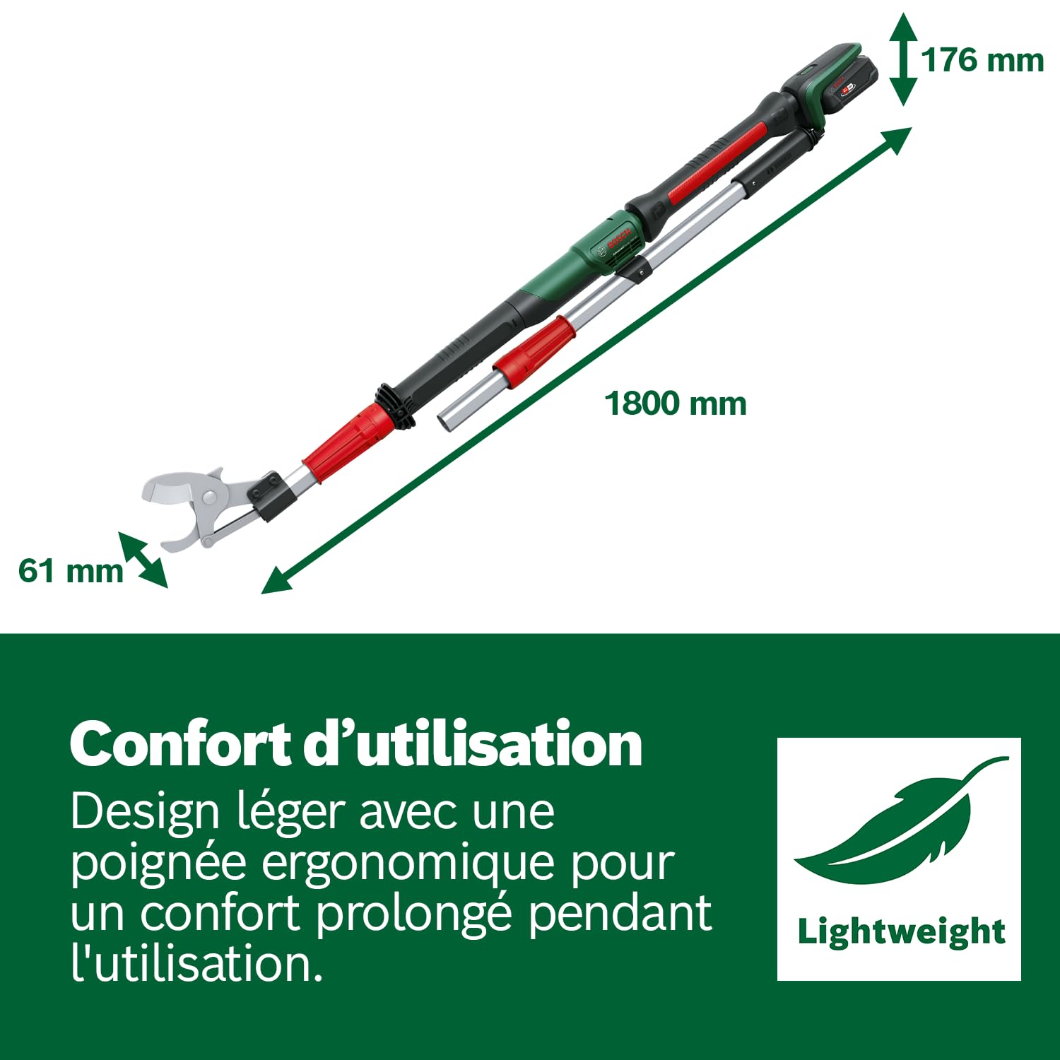 Bosch Home and Garden Sécateur sans fil AdvancedPrune 18V-45 (pour couper sans effort les branches jusqu'à 45 mm ; système 18 V ; jusqu'à 600 coupes ; avec batterie, chargeur et barre d'extension)