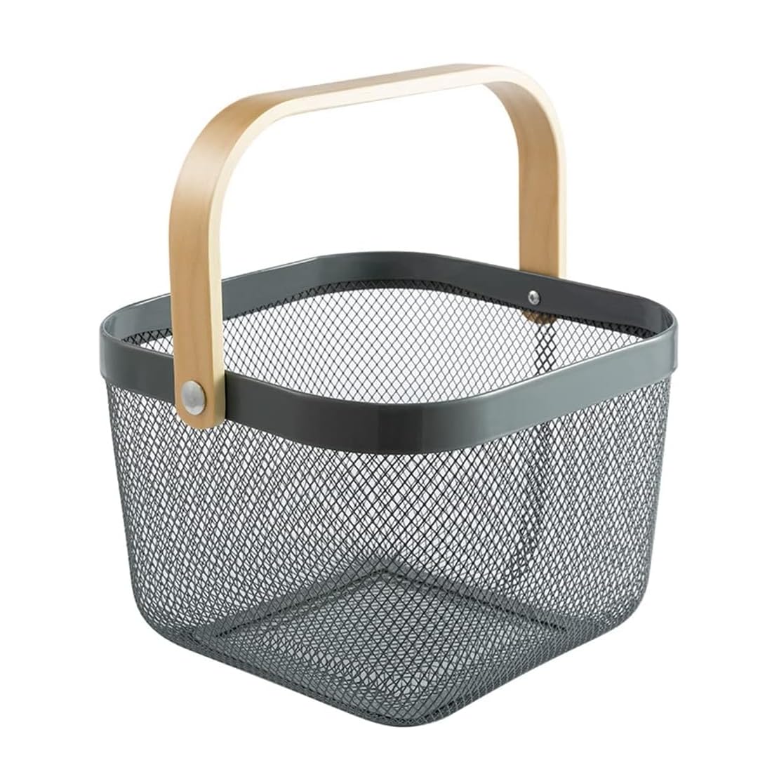 Metal Basket Storage Organizer, Multi-functional Basket with Bamboo Handle for Home Kitchen Picnic Shopping Decoration (Grey)