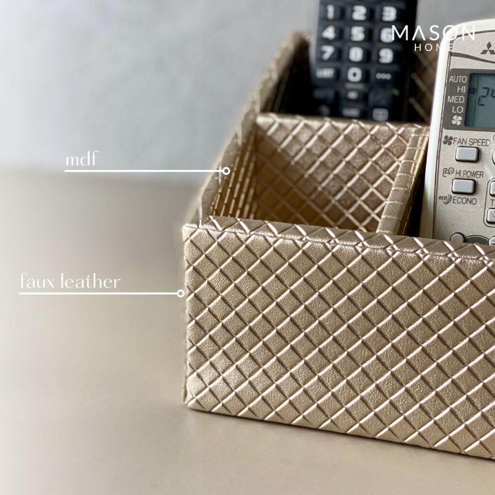 MASON HOME Vegan Leather & Mdf Braided Gold Remote Holder - 1Pc - L 6.25" x B 5" x H 5"|Decorative Multifunctional Space Saving Organizer Stand|Rom - Table - Desk|AC TV Controller - Gadgets,Stationary 1