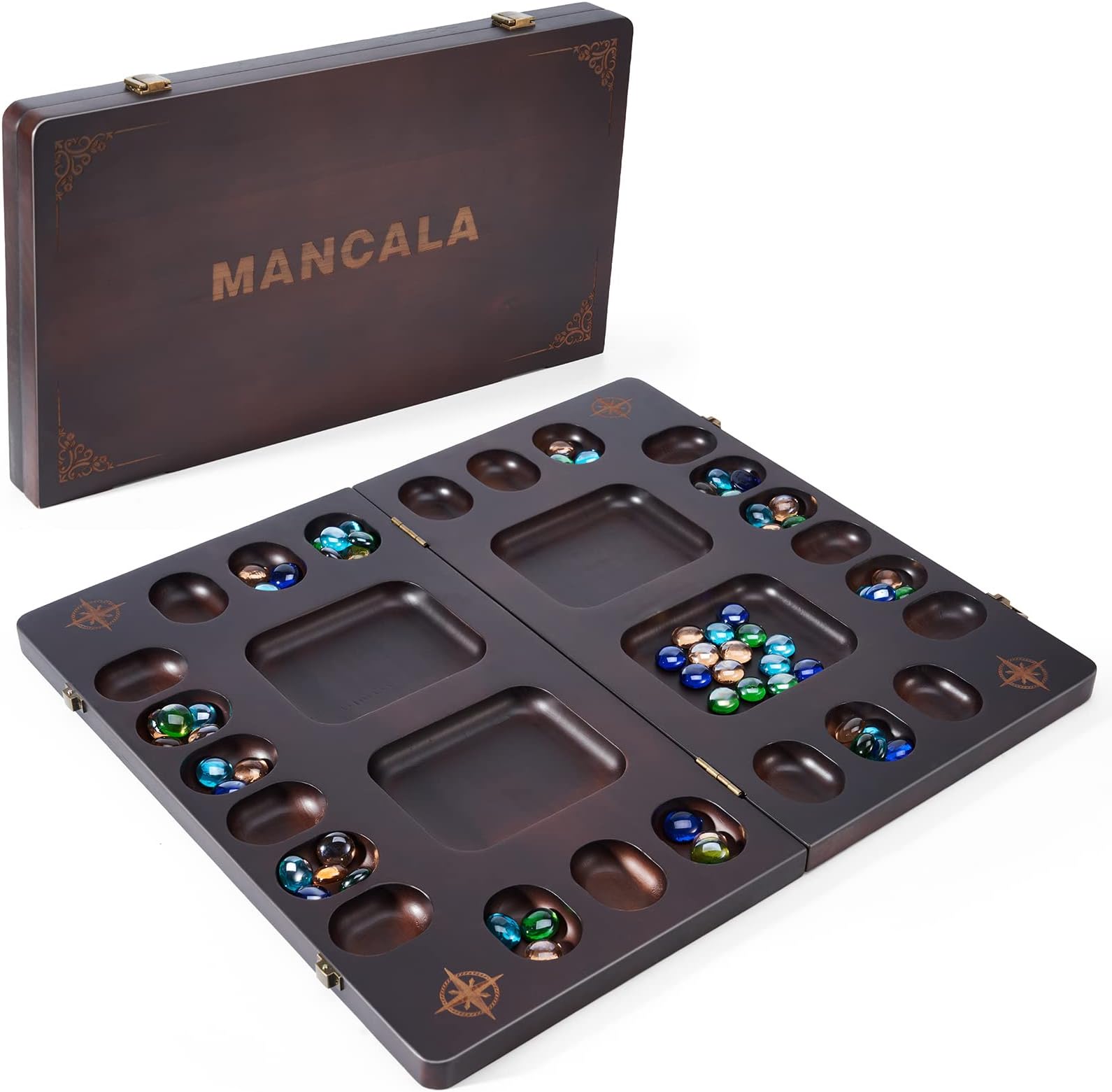 VAMSLOVE 4-Player Mancala Board Game Set - Folding Board - 96+12 Bonus Multi Color Glass Stones ( Games Instructions Included )