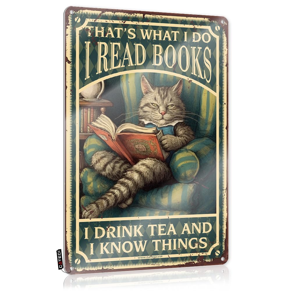 Mwfkkaddb Women's Colour Funny Wall Decor Signs Cat Kitty I Read A Book And Drink Tea Tin Sign Gardening Decorart Nouveau Decorbar Decoroffice Desk Accessories For Cute Funny Signs For Bedroom Outdoor Tin Sign(30X40cm)