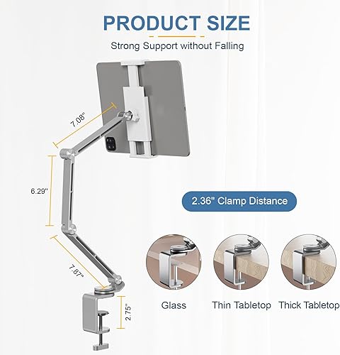 Miniatura 4 de Houele Soporte para tableta, brazo plegable ajustable para tableta iPad con base giratoria de 360, soporte para teléfono iPad para escritorio y