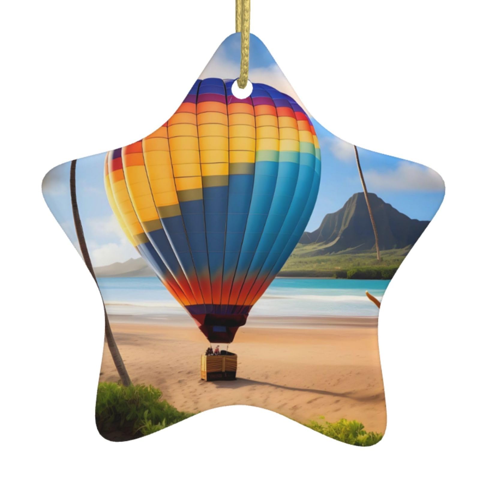 Hawaii Hot Air Balloon Christmas Ceramic Star Pendant with Punched Holes and Gold Wire Rope, Christmas Tree Home Decoration