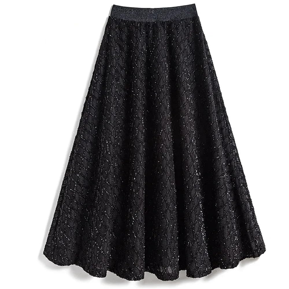 Falda de Lentejuelas Falda de Tweed a Cuadros con Lentejuelas for Mujer, Falda Larga Negra Gruesa de Fiesta de Invierno, Faldas Acampanadas de Cintura Alta elásticas