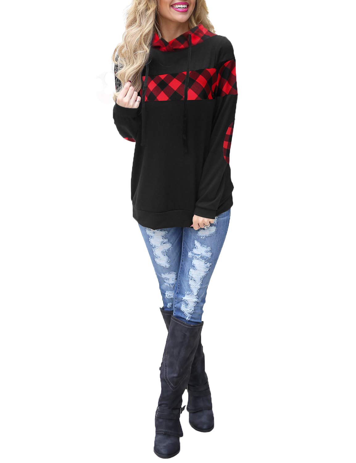 Blooming Jelly Women's Color Block Plaid Shirt Crewneck Sweatshirt Elbow Patches Pullover Sweatshirt Top