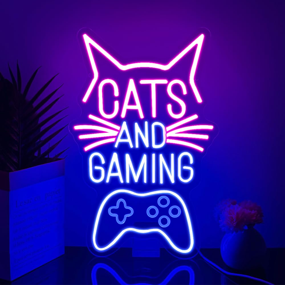 Cats and Gaming Panneau Néon, Panneaux de Lumière Néon Gaming Cat pour la Décoration Murale de la Salle de Jeux, de la Chambre à Coucher Cadeau d'Anniversaire pour les Enfants, Garçons et Filles
