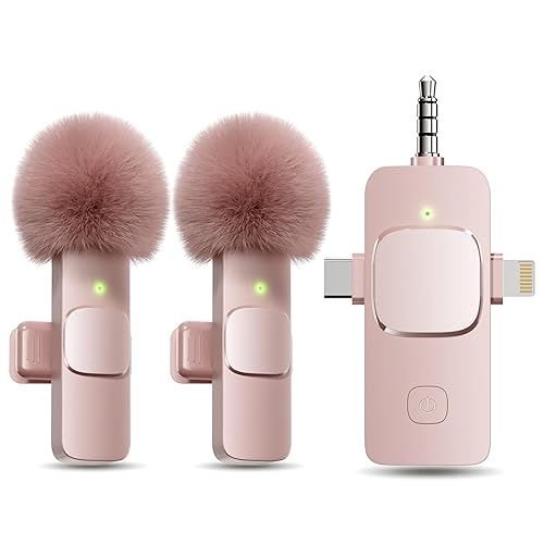 PQRQP 3 in 1 Wireless Lavalier Microphone for iPhone, iPad, Android, Camera, Mini Microphone, 7-Hour Battery, High Definition Sound Quality for Interview, Video Podcast, Vlog (Pink)