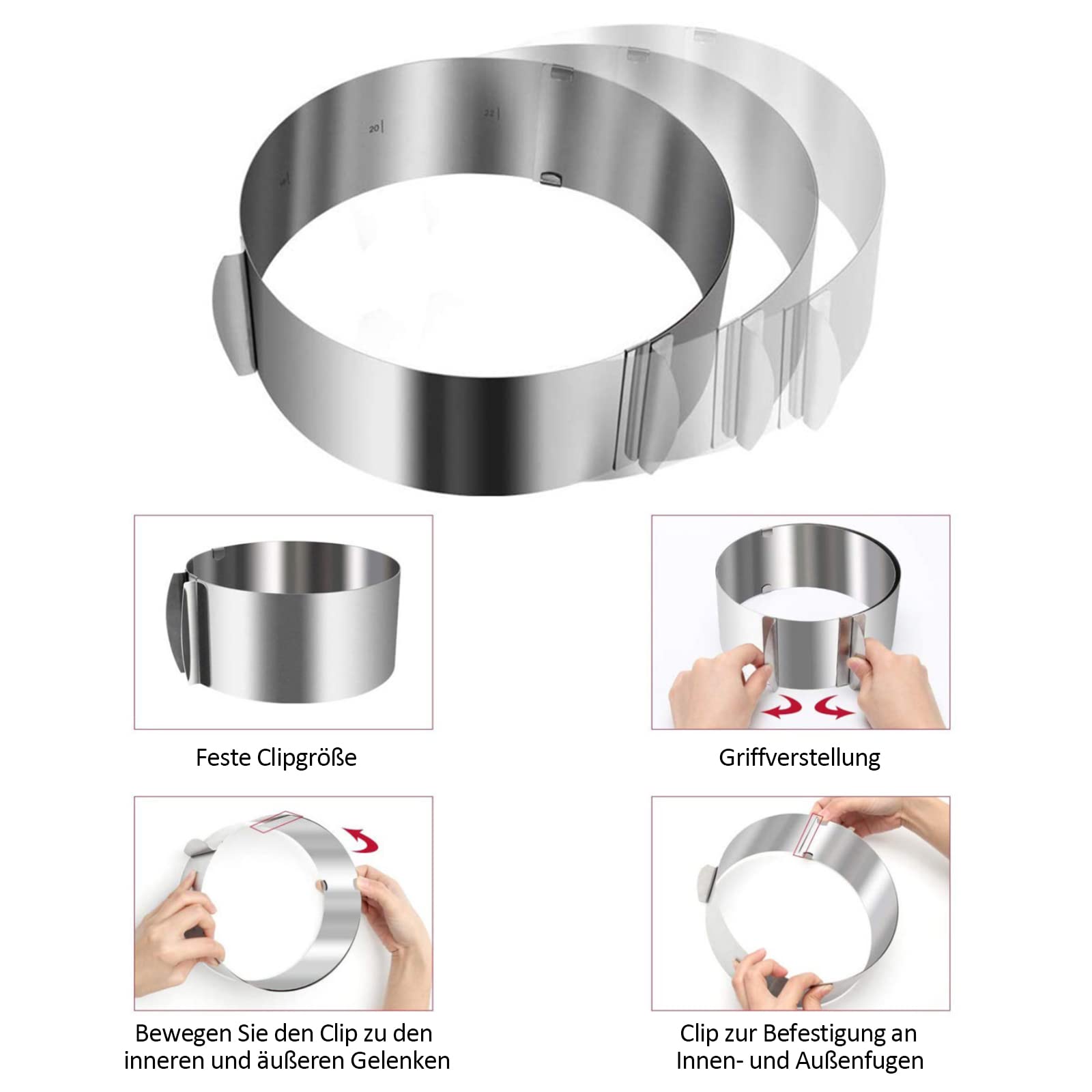 Tortenring hoch 20 cm - Edelstahl Backring verstellbar 16-30 cm – 5M Tortenrandfolie Kuchen Kragen,Kuchenring rund für die einfache Zubereitung von Creme,Schicht,und Motivtorten Dekorieren
