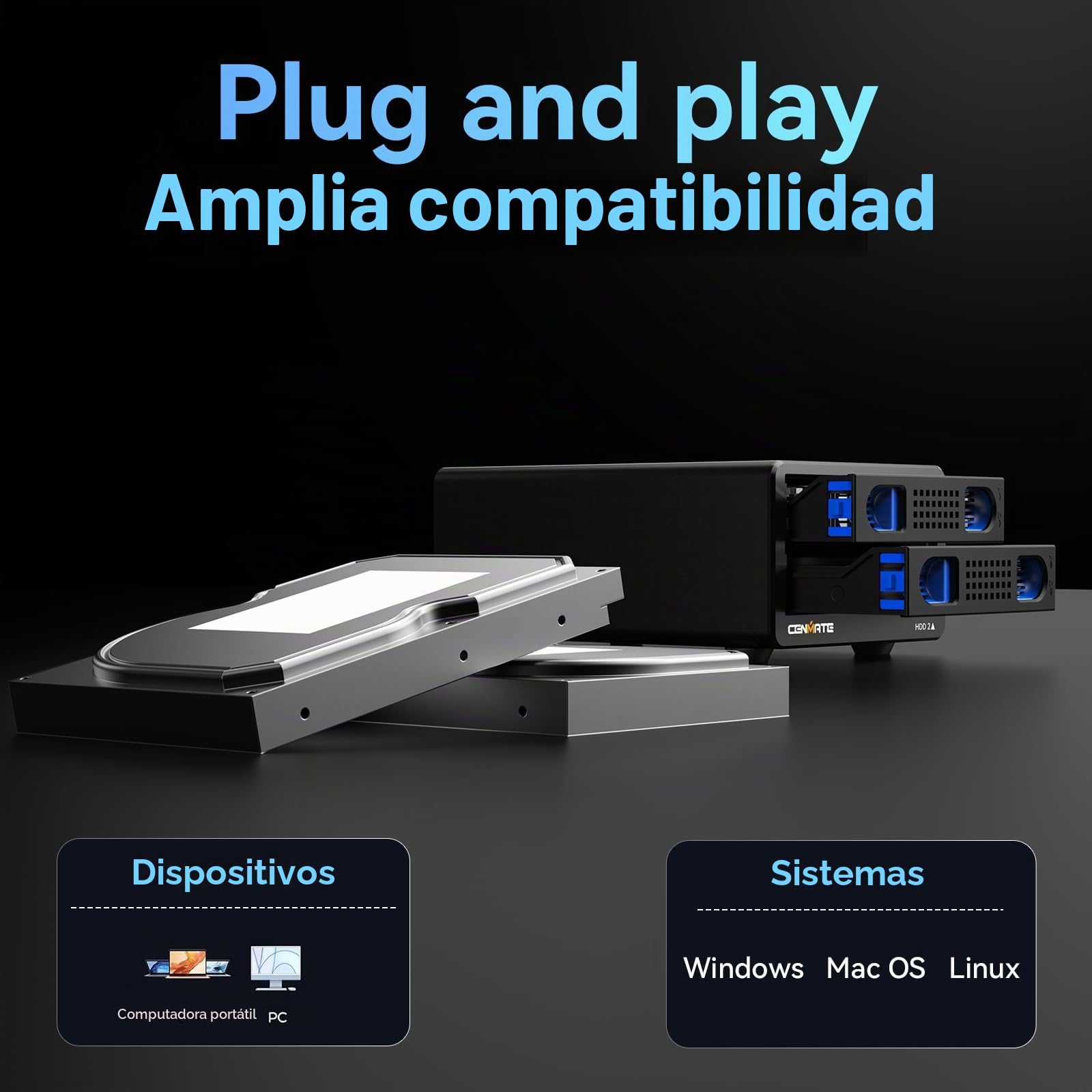 CENMATE Caja de Disco Duro de Aluminio de Doble bahía con Ventilador para 2.5/3.5 SATA HDD/SSD con USB A/C 3.0, Caja para Disco Duro sin Herramientas, Expansión Daisy Chain, Das(NO Raid/NAS)
