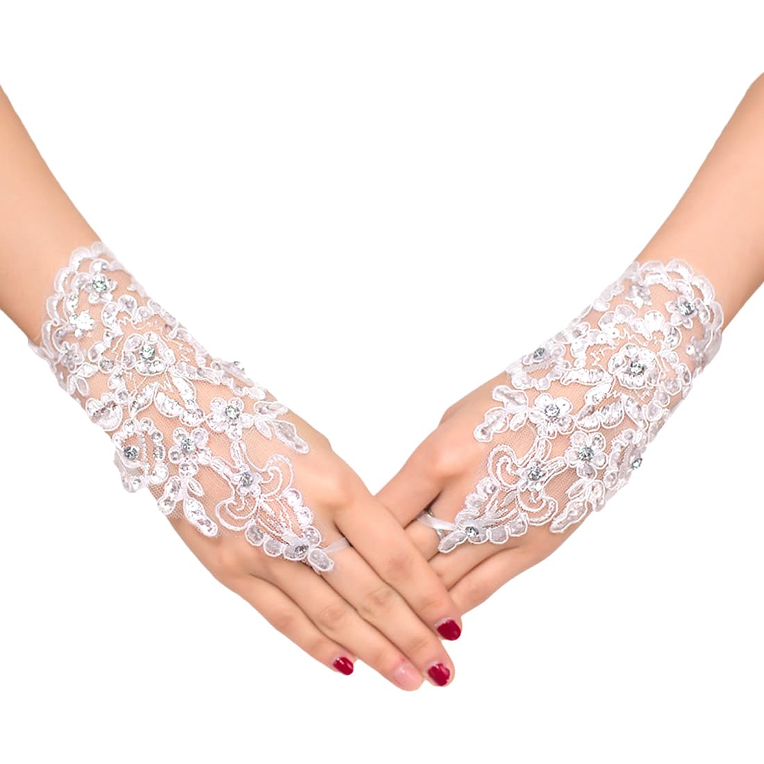 ASYKNM ASYKNM Guantes de Novia de Encaje Guantes Cortos sin Dedos con Flores de Cristal Guantes de Salón de Novia para Accesorios de Disfraces de Fiesta de Boda para Mujeres y Niñas