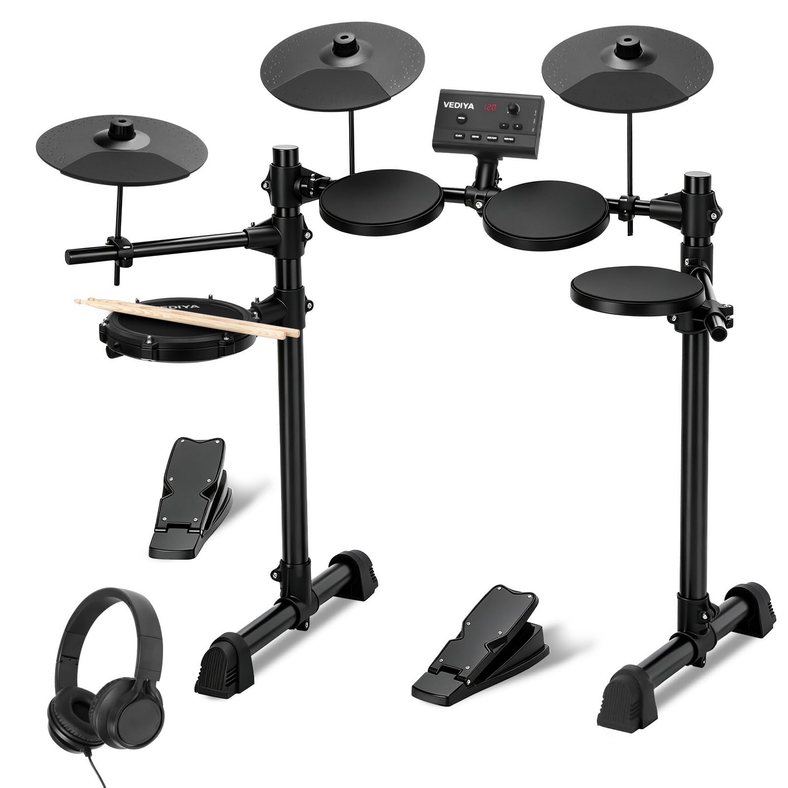 Electric Drum Set for Beginners, All in One, Quiet Mesh Snare Pad Electronic Drum Kit, Silent Drum Pads, 3 Cymbals, 2 Pedals, Headphones, Sticks,No throne (BVMT10S-150 Sounds 15 Drum Kits)