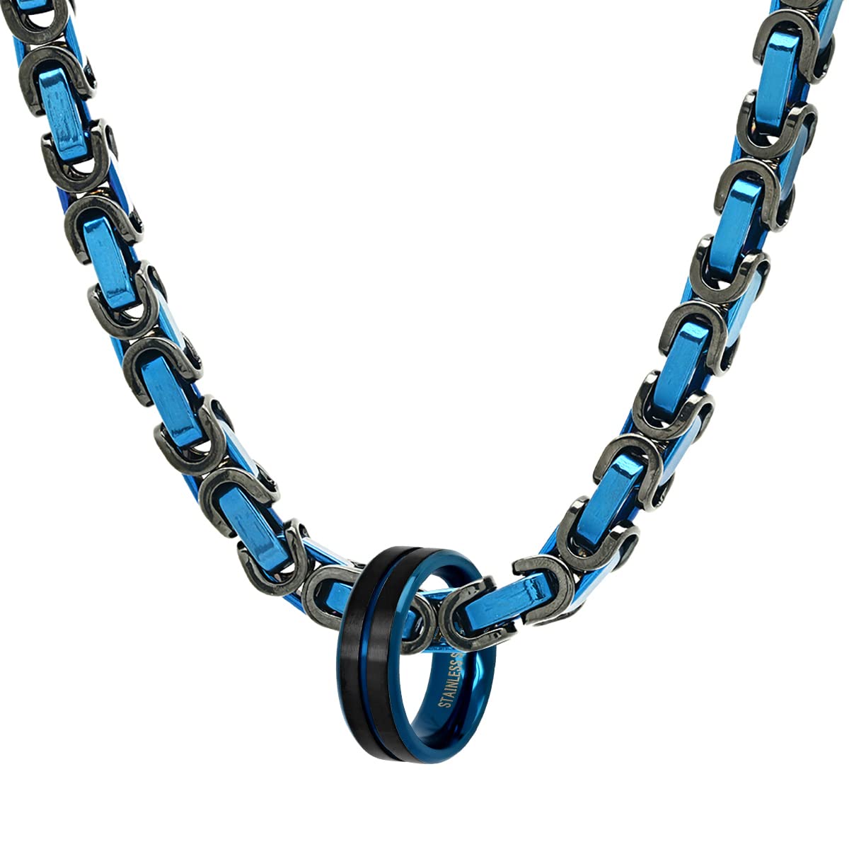 SteeltimeTwo Tone Stainless Steel Byzantine Chain Link Necklace with Blue IP Inlay Ring Set