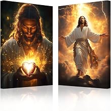 SWQYLB Christian Wall Art 2 Pieces Jesus Resurrection Ascension Canvas Art Poster Sacred Heart of Jesus Picture Prints Christ Spiritual Painting Home Decor Framed (11x14inchx2 Pieces)