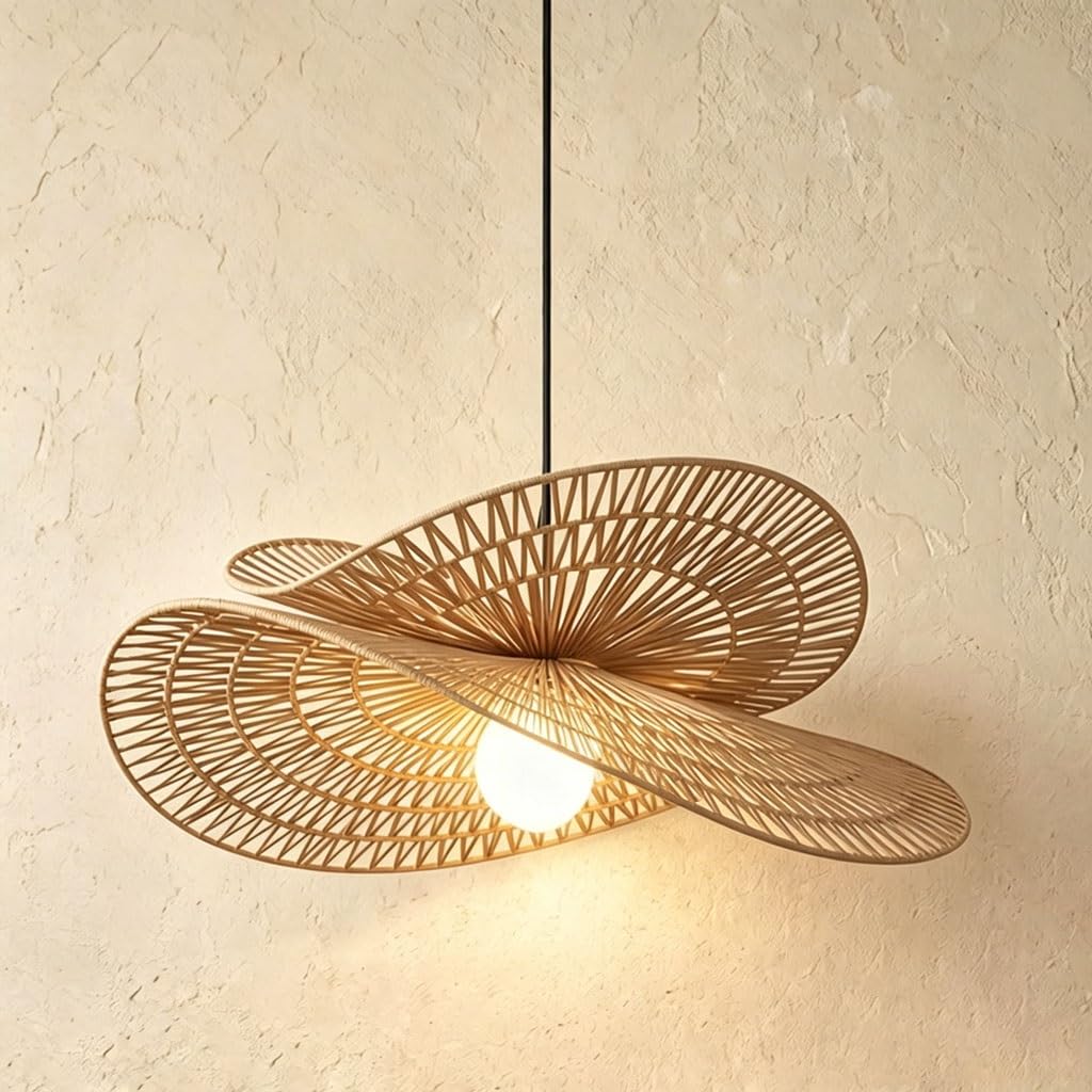 Lampada A Sospensione In Rattan Lampada Boho Vintage Lampada Rustica Sala Da Pranzo Paralume Rattan Intrecciato A Mano Altezza Regolabile Fino A 150 Cm Soggiorno Camera Cucina(Doppio,50cm)