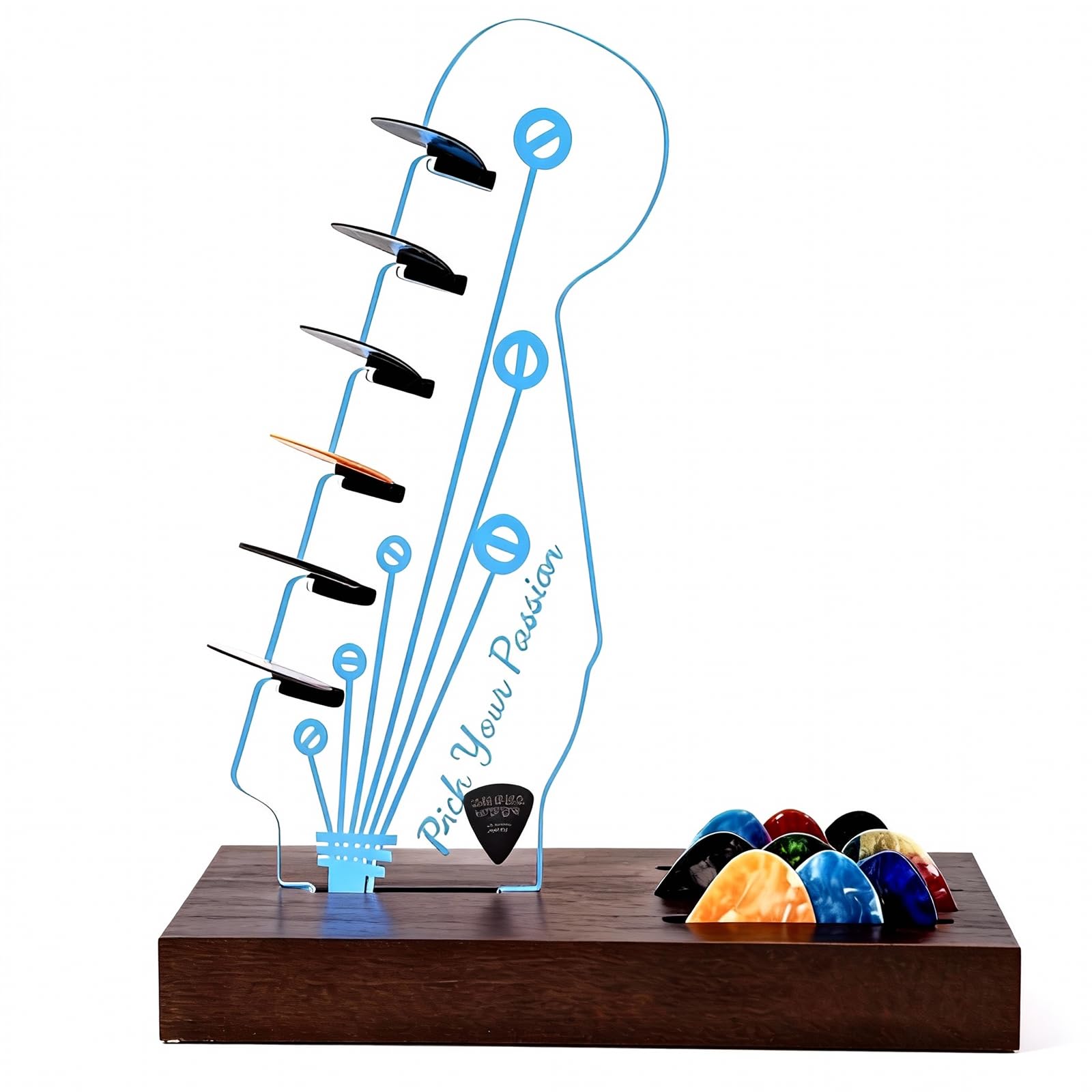 Porfoyo Wood-Coloured Light Up Guitar Plectrum Holder, Guitar Accessories Acrylic E Guitar Headstock Design With Wooden Base, Guitar Accessories For Picks Storage And Display Gift For Guitarists Guitarists