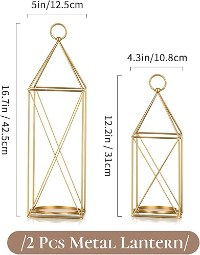 Miniatura 9 de Staymoment Juego de 3 faroles decorativos de alambre de metal dorado alto, portavelas rústico de interior para mesa de boda, centro de mesa,