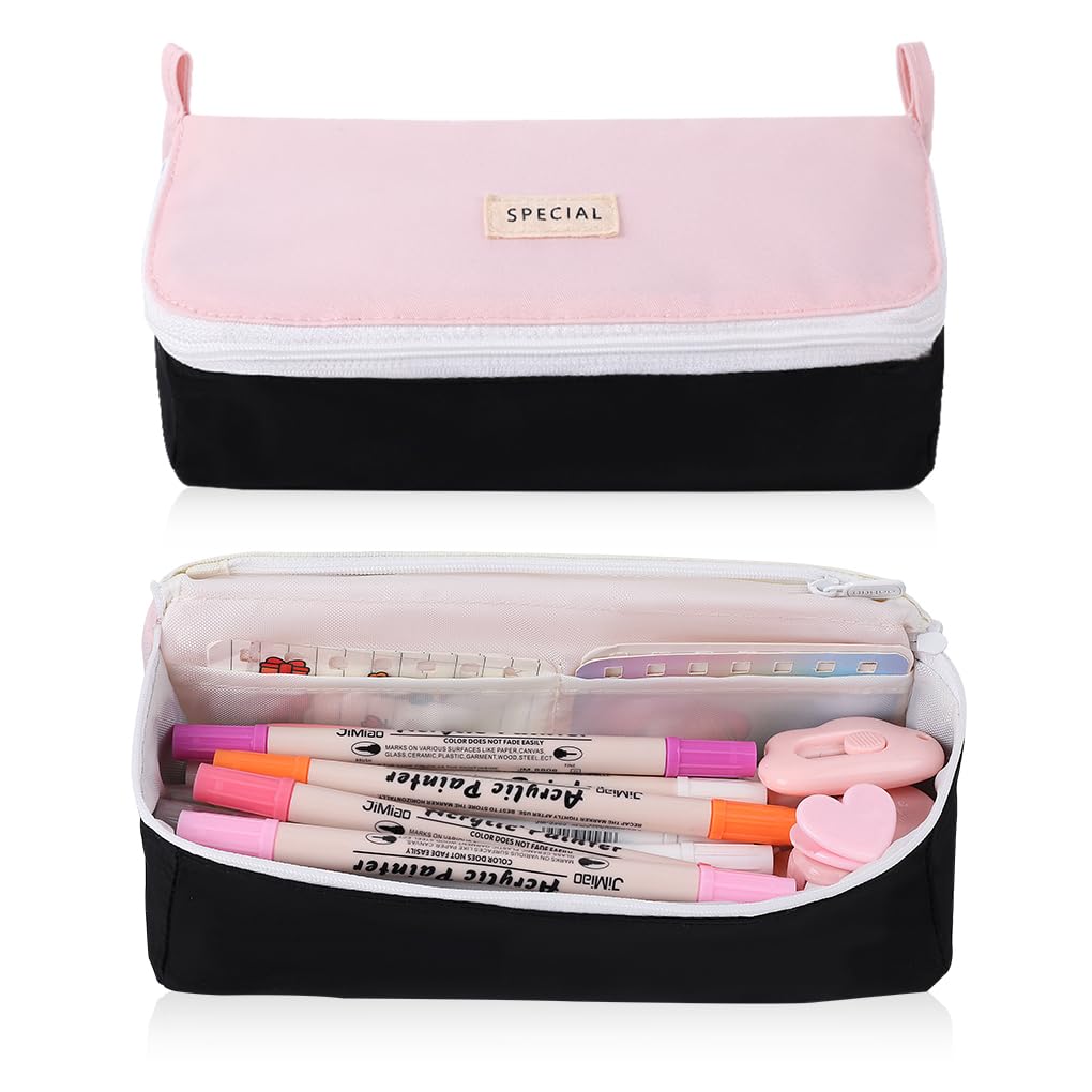 Oyachic Wide Open Pencil Case Flip-Top Large Pencil Pouch Pen Holder Bag Office Stationery Asthetic Supply Organizer Marker Zipper for Adults (Pink)