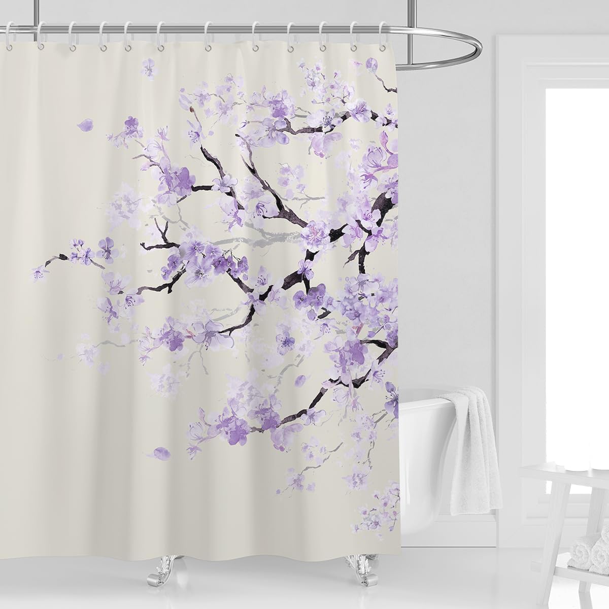 Extra Wide Shower Curtain All Around Clawfoot Tub 180''W x 70''L Pink Cherry Flowers Plum Sakura Blossom Japanese Asian Style Polyester Fabric 32 Pack Plastic Hooks