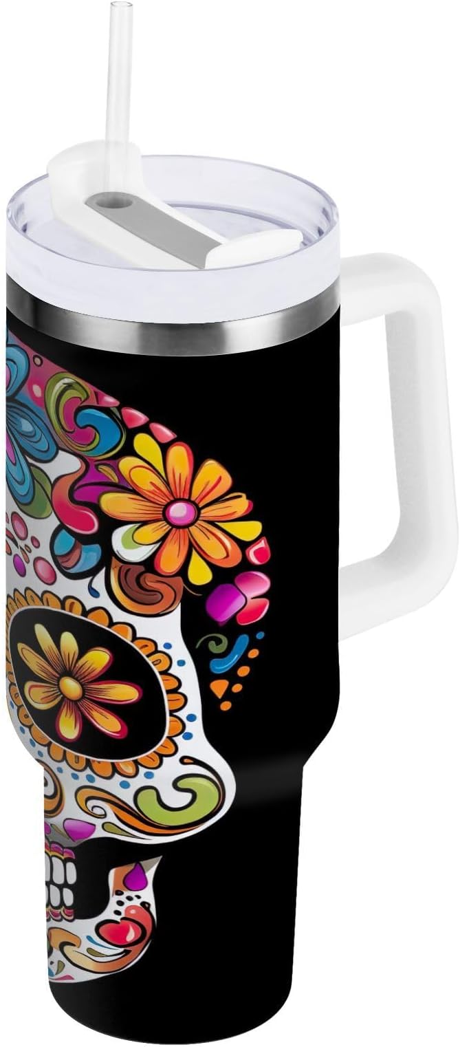 Colorful Sugar Skull Car Handle Water Cup Tumbler with Handle and Straw Stainless Steel Vacuum Insulated Tumbler Travel Coffee Mug Fit for Car Cup Holder-30 oz