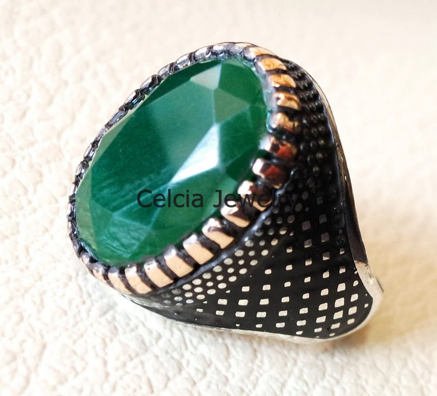 Smaragd echter grüner Edelstein facettierter ovaler Ring, schöner handgefertigter Siegel-Statement-Ring, Vatertagsgeschenk, silberner Emaille-Ring, Mai-Geburtsstein-Geschenk (Smaragd)